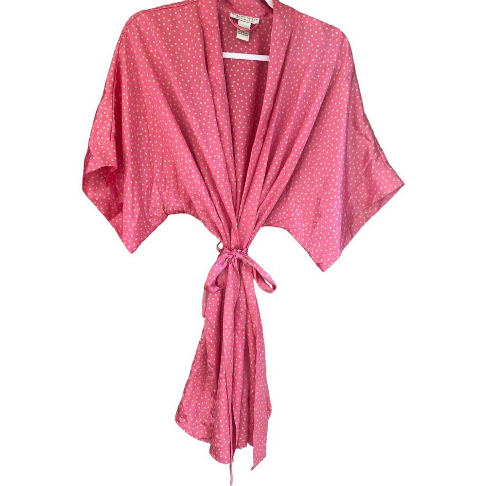 Morgan Taylor Intimates size small satin robe pink with lime green polka dots